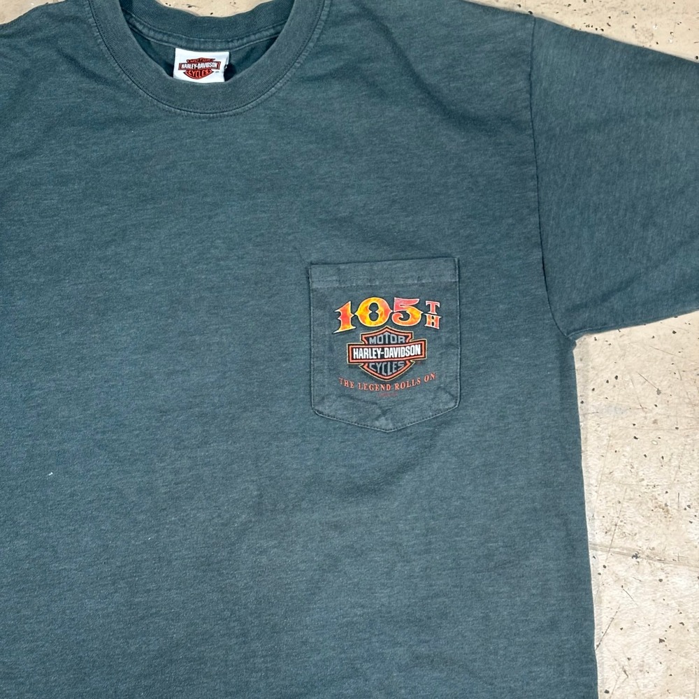 Vintage 2000s Harley-Davidson Green 105th Anniversary Pocket T-Shirt Size Large - Picture 2 of 7